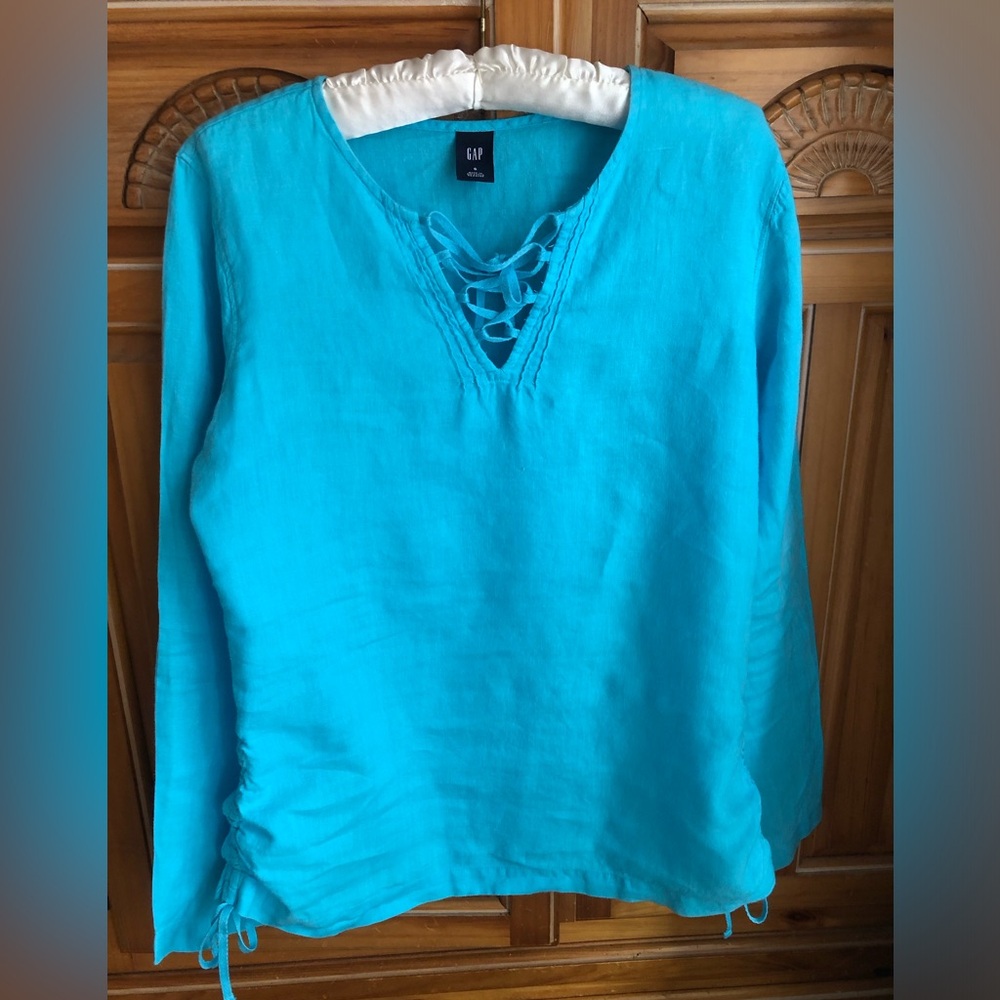 GAP Turquoise Lace-Up V-Neck Linen Tunic